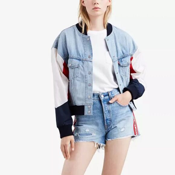 LEVI'S Premium Denim Bomber Blue/Red/White Jacket Snap Up Womens Small RARE 90s - Picture 1 of 16